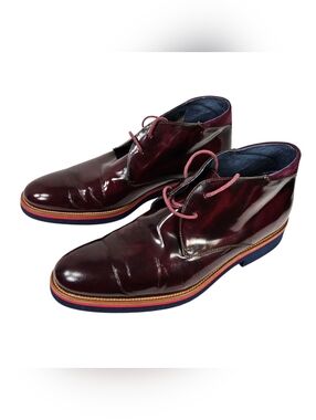 Men's Burgundy Patent Leather Chukka Boots with Navy Sole Accent. Size 10